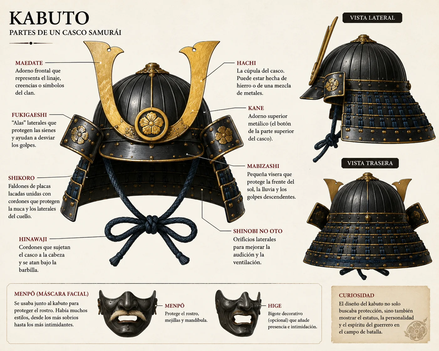 kabuto (兜) es el casco tradicional utilizado por los samuráis japoneses